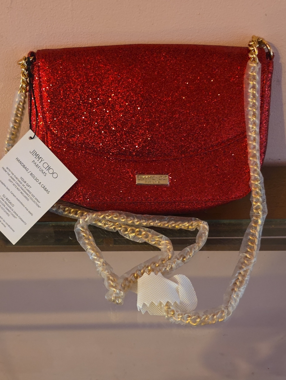 Jimmy Choo Glitter Red Crossbody with Gold Chain